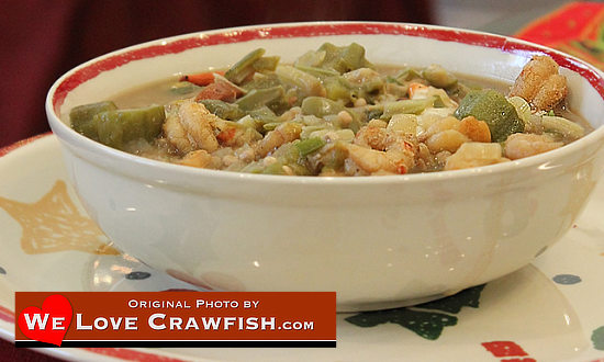 A Christmas tradition: a scruptous bowl of seafood gumbo, with crawfish, shrimp, crab, okra and rice.